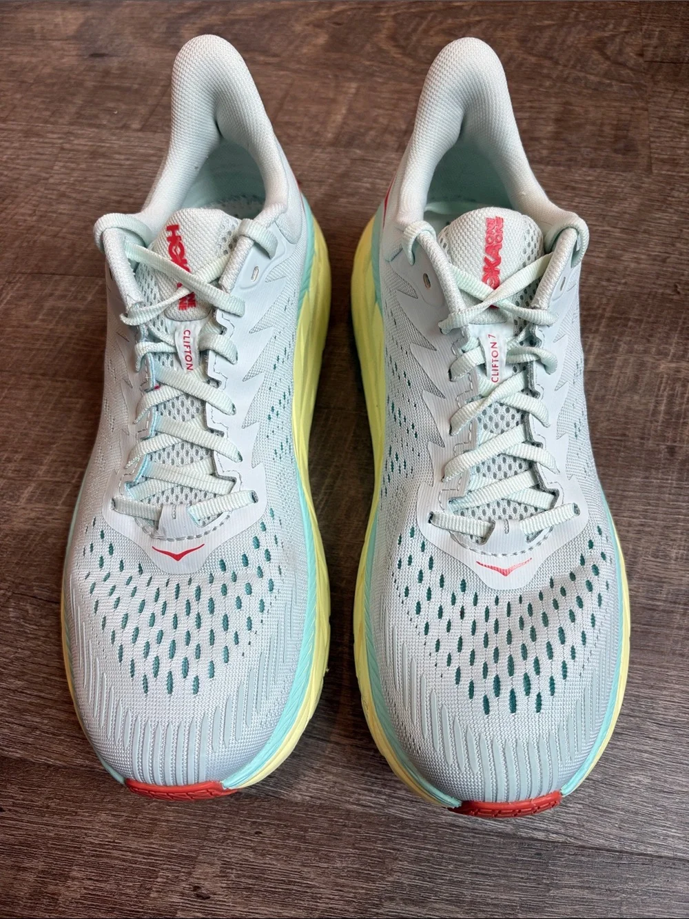 HOKA Clifton 7 Running Shoes Morning Women’s 10.5 Mist/Hot Coral NO INSOLES